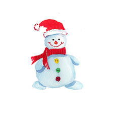 Cartoon Christmas cheerful snowman in a red hat drawn watercolor