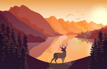 Naklejki  Górski krajobraz z jeleniem w lesie i jeziorze o zachodzie słońca