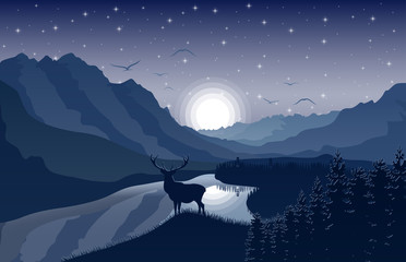 Obraz na płótnie Canvas Night Mountains landscape with deer near a lake and stars on the sky