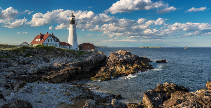 Panorama of Portland Lighthouse at sunset in Cape Elizabeth, Maine, USA.