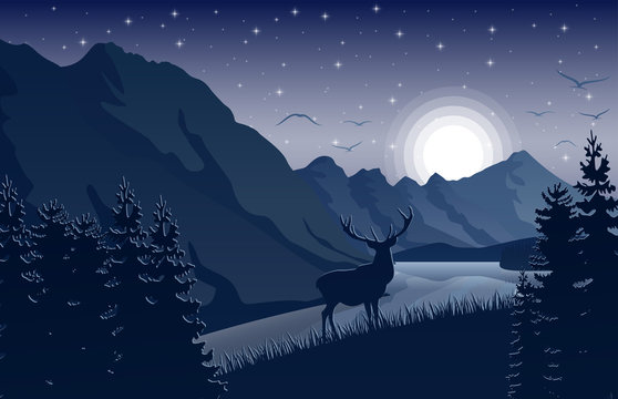 Night Mountains landscape with deer near a lake and stars on the sky