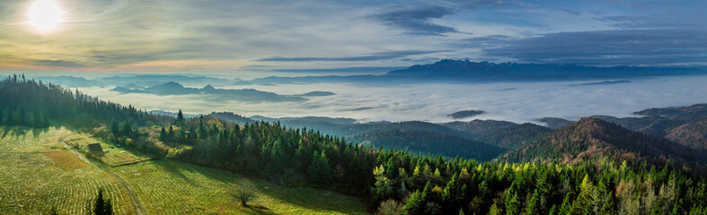 Fototapeta premium Cold view to Tatras at sunrise in autumn