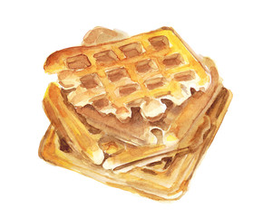 Watercolor hand drawn illustration of golden Viennese waffles isolated on white