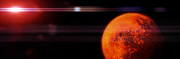 alien planet, tidally locked exoplanet lit by a red star (3d space illustration banner)