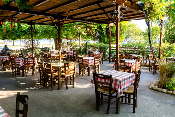Early morning in outside traditional tavern restaurant