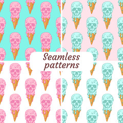 Set. Seamless patterns. Ice cream looks like skull. Three colors.