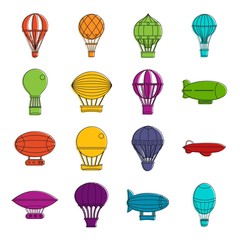 Retro balloons aircraft icons doodle set