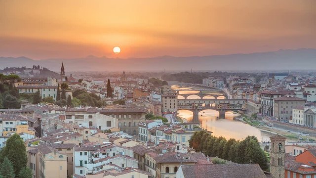 Scenic Skyline View of Arno River timelapse, Ponte Vecchio from Piazzale Michelangelo at Sunset, Florence, Italy.