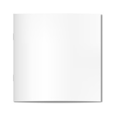 Vector realistic square closed book, journal or magazine on staples mockup. Blank front or cover page of sketchbook or notebook template for catalog, brochure design