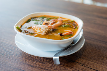 Traditional Thai Food River prawn spicy soup, Tom Yum Goong, Thai food