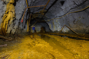 Underground copper ore mine shaft tunnel gallery with yellow dirt