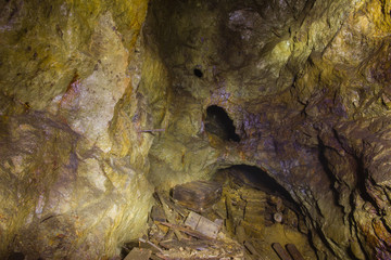 Underground abandoned ore mine shaft tunnel gallery