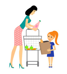 Mom with daughter with a basket of goods on a white background. Vector. Family in the supermarket. Shopping.