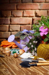 Gardening tools of shovel rake labels and watering can on wooden table