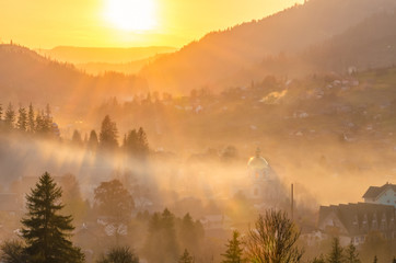 Ukrainian Carpathian Mountains landscape background during the sunset in the autumn season