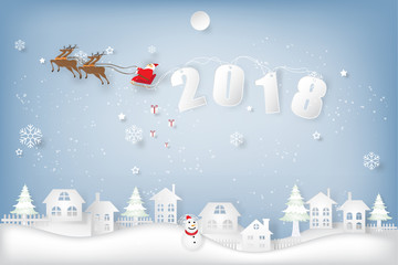 Fototapeta na wymiar Santa Claus on Sleigh, Reindeer and Snowman on snowflakes, merry christmas in the winter and happy new year 2018 background as holiday and x'mas day concept. vector paper art.