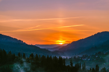 Plakat Ukrainian Carpathian Mountains landscape background during the sunset in the autumn season