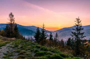 Ukrainian Carpathian Mountains landscape background during the sunset in the autumn season