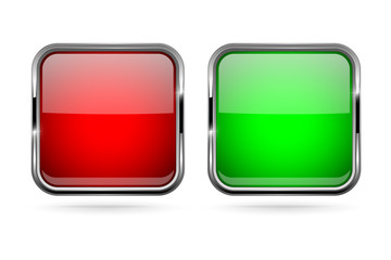 Square buttons. Set of red and green shiny 3d icons