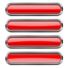 Rectangle red buttons set with bold chrome frame. 3d shiny icons