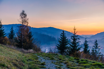 Ukrainian Carpathian Mountains landscape background during the sunset in the autumn season