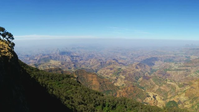 Panoramic on the Ethiopian plain and rift valley from the Simien Mountains highlands, Ethiopia, East Africa.