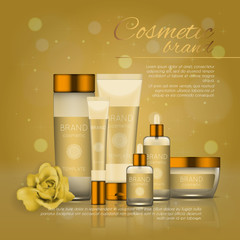 Vector 3D cosmetic illustration with rose and bokeh background. Beauty realistic cosmetic product design template.