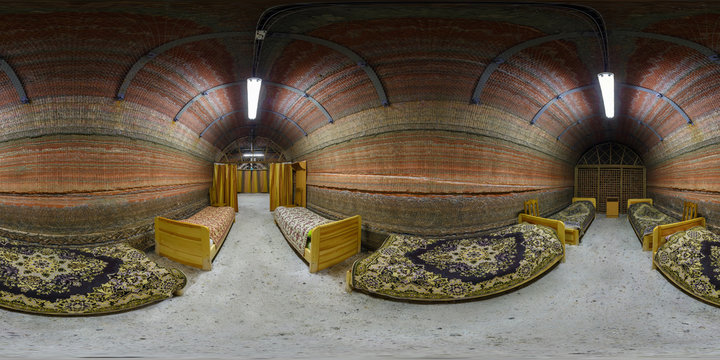 Panorama in interior of ward modern speleo clinic in potash cave.  Full 360 by 180 degree seamless spherical panorama in equirectangular equidistant projection
