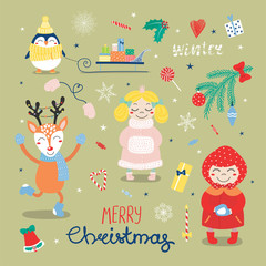 Set of hand drawn flat Christmas design elements with cute cartoon princess, penguin, sledge with gifts, deer, little girl, typography Merry Christmas, Winter. Isolated objects. Vector illustration .