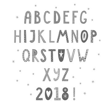 Hand drawn latin alphabet in Scandinavian style with ornate letters in gray and white. Make your own Christmas typography. Isolated objects on white background. Vector illustration.