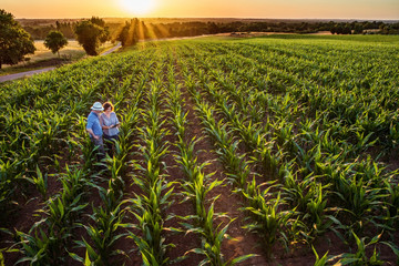 A farmer and his wife in their cornfield at sunset using a tablet