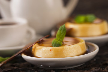 Caramel dessert and vanilla herb