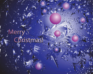 Lilac balls and the inscription Merry Christmas! Abstract christmas tree background. Design of greeting card, banner, poster.