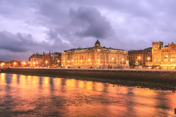 Selective focus on building at twilight in the city of San Sebastian. Basque country Spain