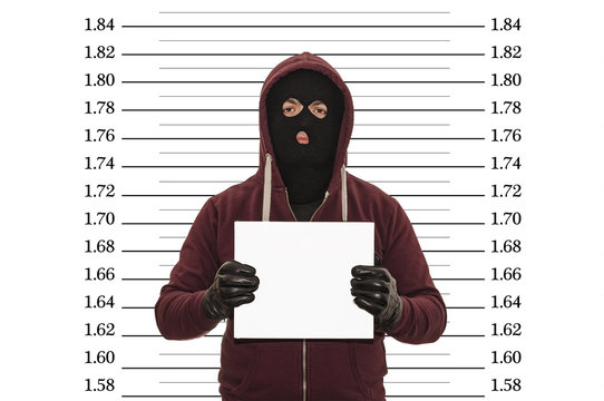 Police lineup or mugshot concept with a burglar or thief wearing a ski mask or balaclava and holding a blank white cardboard with copy space against a metric size chart with clipping path