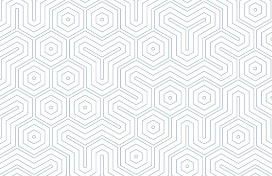 Seamless geometric pattern with hexagons and lines. Irregular structure for fabric print. Monochrome abstract background.