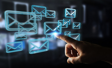 Businessman holding and touching floating emails 3D rendering