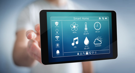 Businessman using smart home remote device 3D rendering