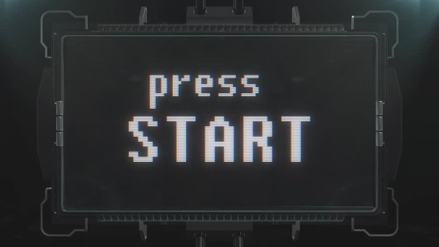retro videogame press start text on futuristic tv glitch interference screen animation seamless loop ... New quality universal vintage techno motion dynamic background colorful joyful cool video