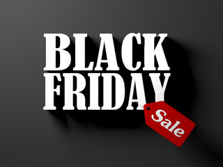 Black friday text with red sale tag isolated on black background