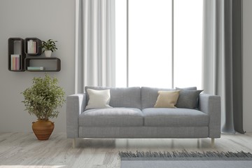 Idea of white minimalist room with sofa. Scandinavian interior design. 3D illustration