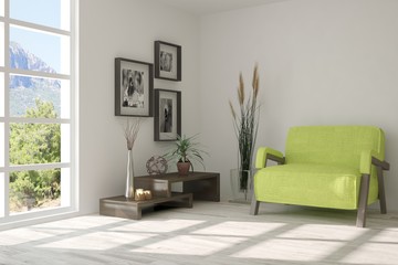 Idea of white room with armchair and summer landscape in window. Scandinavian interior design. 3D illustration
