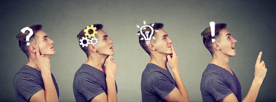 Emotional intelligence. Side view sequence of a man thoughtful, thinking, finding solution with gear mechanism, question, exclamation, lightbulb symbols.