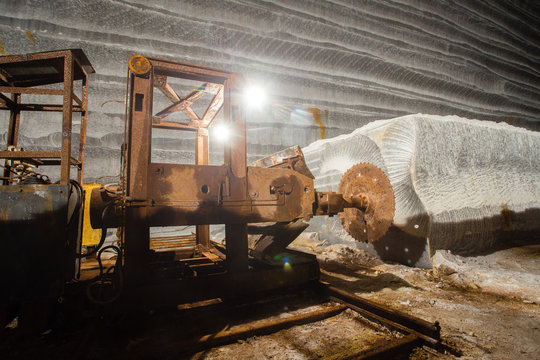 Salt saw machine in underground salt mine shaft