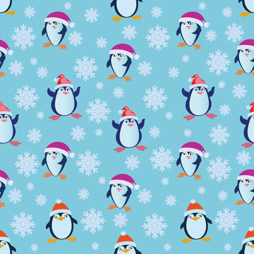Seamless pattern with funny penguins. Penguin in a red hat and snowflakes. Design for textiles, tapestries, gift wrapping.