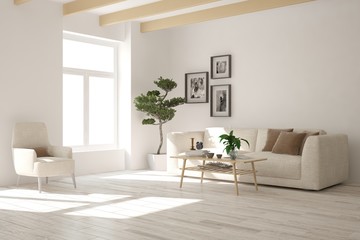Idea of white minimalist room with sofa. Scandinavian interior design. 3D illustration