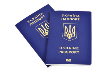 Foreign biometric  passport of Ukraine isolated on white background. Ukrainian traveler.
