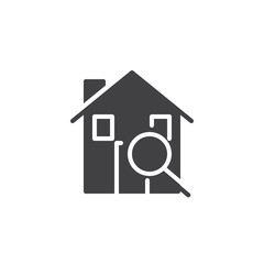 Home search with magnifying glass icon vector, filled flat sign, solid pictogram isolated on white. Symbol, logo illustration.