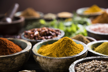 Close-up of different types of Assorted Spices in a wooden