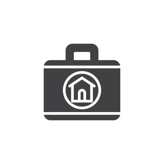 Real estate agent briefcase icon vector, filled flat sign, solid pictogram isolated on white. Suitcase with home symbol, logo illustration.